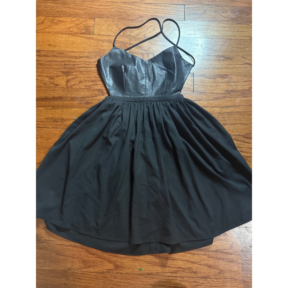 Blaque Label Black Faux Leather Bodice Mini Dress XS Spaghetti Strap Fit Flare